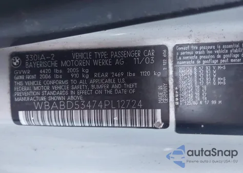 2004 BMW 330Ci z USA, uszkodzony, nr VIN WBABD53474PL12724